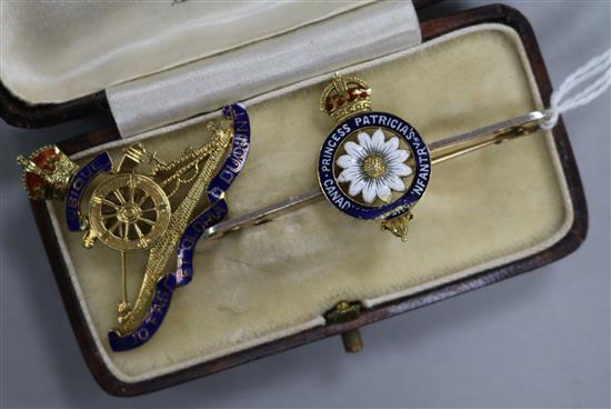 A 15ct Royal Airforce sweethearts brooch and Patricias Infantry brooch.